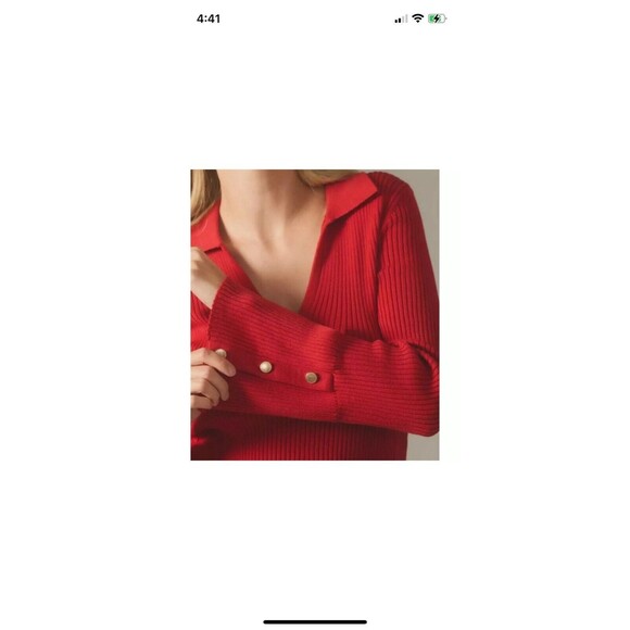 Anthropologie Maeve Polo Bell Sleeve Sweater Women's XL Red Ribbed Holiday - Picture 3 of 11